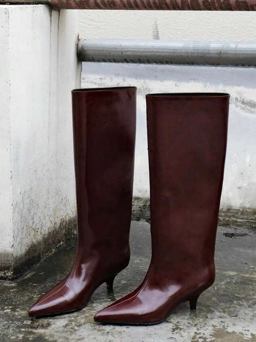 秋冬季法式博主风尖头宽筒过膝长靴，北欧风猫跟马术靴（女士款），猫跟鞋