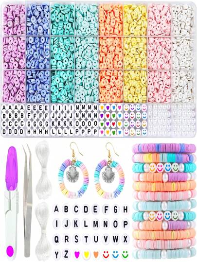 8 Soft Color Polymer Clay 3860pcs Bracelet Making Kit, Polymer Flat Round Beads, Flat Letter Beads, Heart & Beads, Pearl DIY Friendship Bracelet Necklace Jewelry