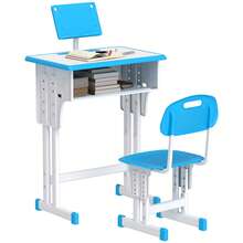HOMCOM Kids Desk And Chair Set Adjustable Height Study Table Set W/ Drawer, Book Stand, Pen Slot - Blue - Blue - View 2