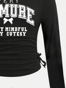 Tween Girl Letter Graphic Print Crew Neck Long Sleeve Top And Printed Pants Set - Black - View 4