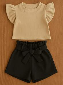 Children's Set Cropped Frufru Blouse + Linen Clochard Shorts Kit With 2 Super Stylish Pieces CJI033 - 黑色與裸色 - 查看 2