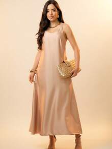 Italian Style Boat Neck Sleeveless Fitted Dress For Women - Beige - View 1