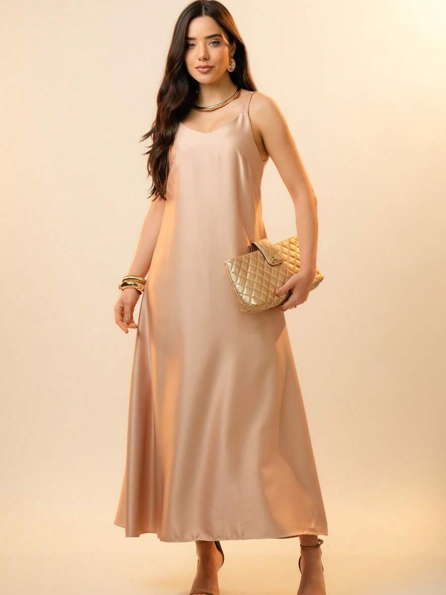 Italian Style Boat Neck Sleeveless Fitted Dress For Women - Beige - View 1
