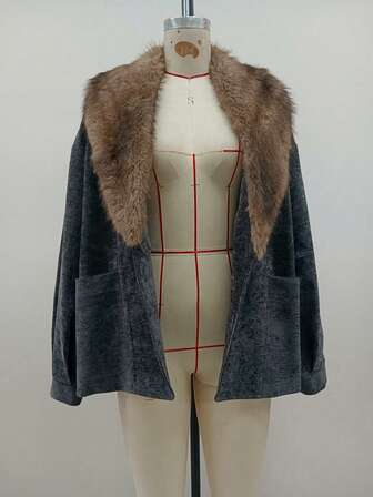 Women's Contrast Color Long Sleeve Loose Fuzzy Jacket With Pockets, Autumn/Winter