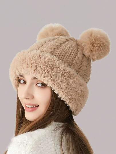 1 pieza Sombrero de punto con pompón de invierno nuevo y lindo de Navidad, gorro de lana con borde esponjoso para protección de oídos y calor, versátil para mujer