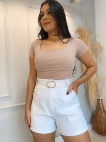 Women's Square Neck Ribbed Blouse, Elegant Casual Everyday Blouse - 米色 - 查看 1