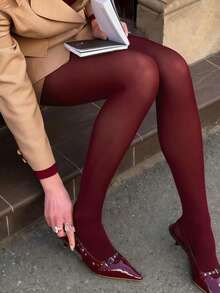 1pc Women's Wine Red Stockings, Suitable For Everyday Wear