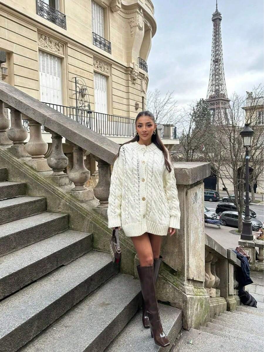 Women's Casual Front Button Twist Cable Pattern Drop Shoulder Long Sleeve Knit Cardigan