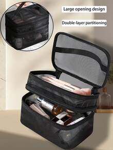 1pc Double-Layer Mesh Cosmetic Bag, Transparent Portable Organizer, Makeup Brush Holder, Popular Toiletry Bag, Cosmetics Storage Pouch, Large Capacity Multi-Compartment Design, Hand Bag, Beach Bag, Mesh Tote, Makeup Bag Makeup Travel Toiletry Organizer Clear Essentials Gifts Storage Zipper Accessories Nail Bags, Makeup Bag, Storage, Makeup Organizer
