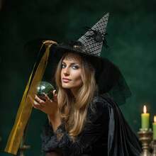 Witch Hat For Women Costume, Witch Hats With Lights Halloween Adult And Teens Women's Large Witches Hat Costume Accessories For Party Cosplay Sorcerer Cap For Festival Party Masquerade For Halloween Party Decorations - 黑色(黑橙飄帶) - 查看 5