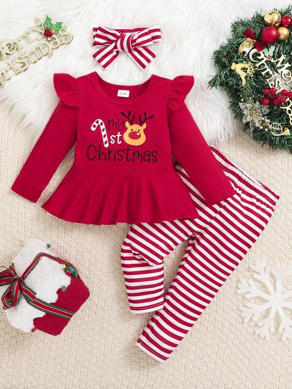 Conjunto de 3 piezas para bebé niña: Camiseta de manga larga con estampado de dibujos navideños, pantalones a rayas rojas y blancas, diadema. Otoño/Invierno