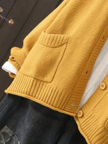 Cárdigan de talla grande de unicolor con cuello en V, casual y versátil, para otoño/invierno - Amarillo - Ver 4