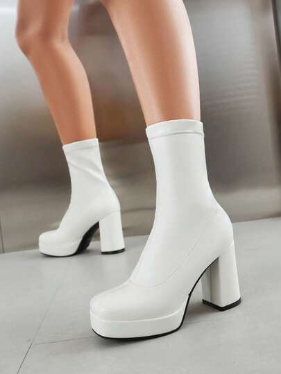 Botas cortas de mujer para otoño e invierno con tacón grueso, punta cuadrada, versátiles, elegantes, plataforma acolchada, botas altas y botas elásticas