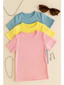 3 Piece Kit Women's Short Sleeve T-Shirt Blouse Plain Ribbed Fabric Cotton Long Basic - 藍色+粉紅色+黃色 - 查看 4