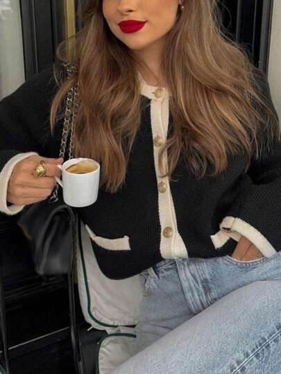 MORI Autumn And Winter Color-Blocking Round Neck Long Sleeve Knitted Sweater For Women, New Simple Fashion Elegant Commuting Style Cardigan, Casual Versatile Outerwear For Everyday Wear, Warm Christmas Sweater Top Coat New Years