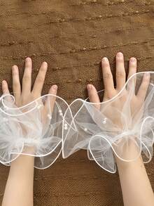1 Pair Women's Thin Mesh Sleeve Cuffs With Pearl Decor, Wedding Accessory, Party/Event/Photo Shoot Fall Clothes For Women