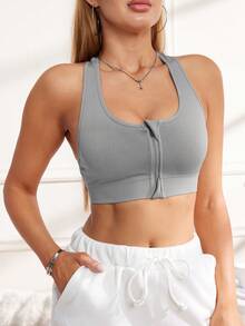 4-częściowy wielokolorowy bezszwowy biustonosz sportowy z zamkiem błyskawicznym z przodu, cienki, wyściełany, z tyłu w kształcie litery I, z wyciętymi plecami i oddychającą siateczką rybacką