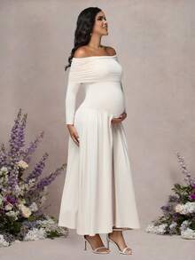 JustVH Maternity Off Shoulder Long Sleeve Solid Color Dress Autumn And Winter Pregnant Maxi Dress For Baby Shower Party, Gender Reveal