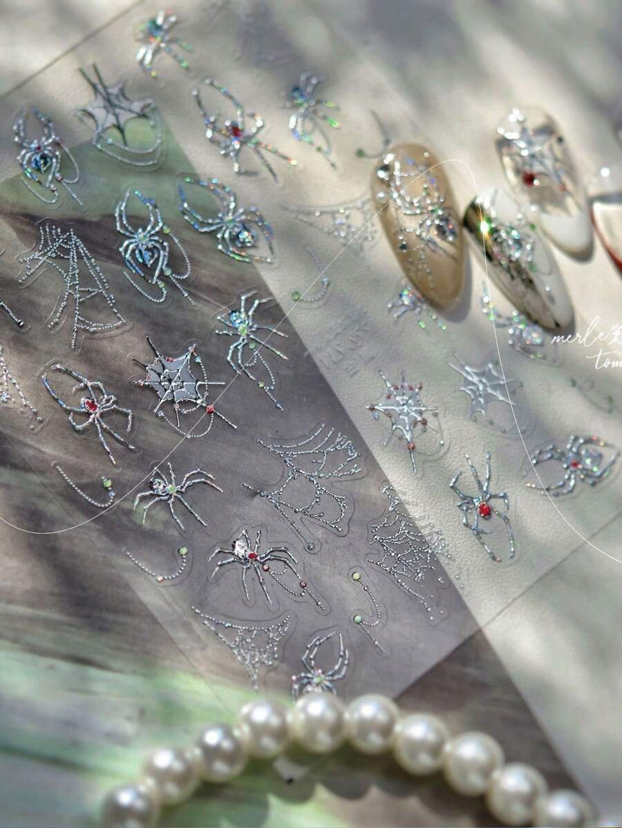 1片3D立体万圣节美甲贴纸,深色高端银色蜘蛛图案,适用于DIY自粘美甲贴纸、美甲配件 - 彩色 - 查看 1