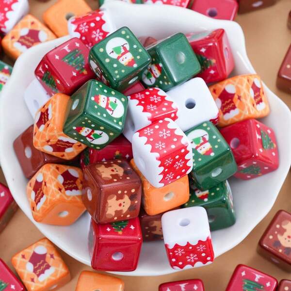 5 peças de cubo de Natal pintado em acrílico com miçangas para celular, chaveiro, acessório de joia, decoração para caneta