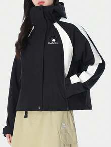 CAMEL CROWN Damska krótka kurtka narciarska 3 w 1 z blokami kolorów, zimowa kurtka podróżna - Phantom Black/Ciepła biel - Zobacz 1