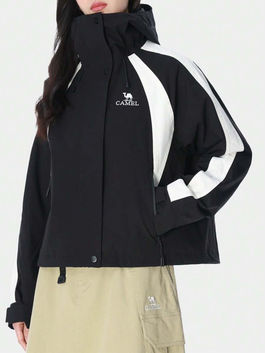 CAMEL CROWN Damska krótka kurtka narciarska 3 w 1 z blokami kolorów, zimowa kurtka podróżna - Phantom Black/Ciepła biel - Zobacz 1