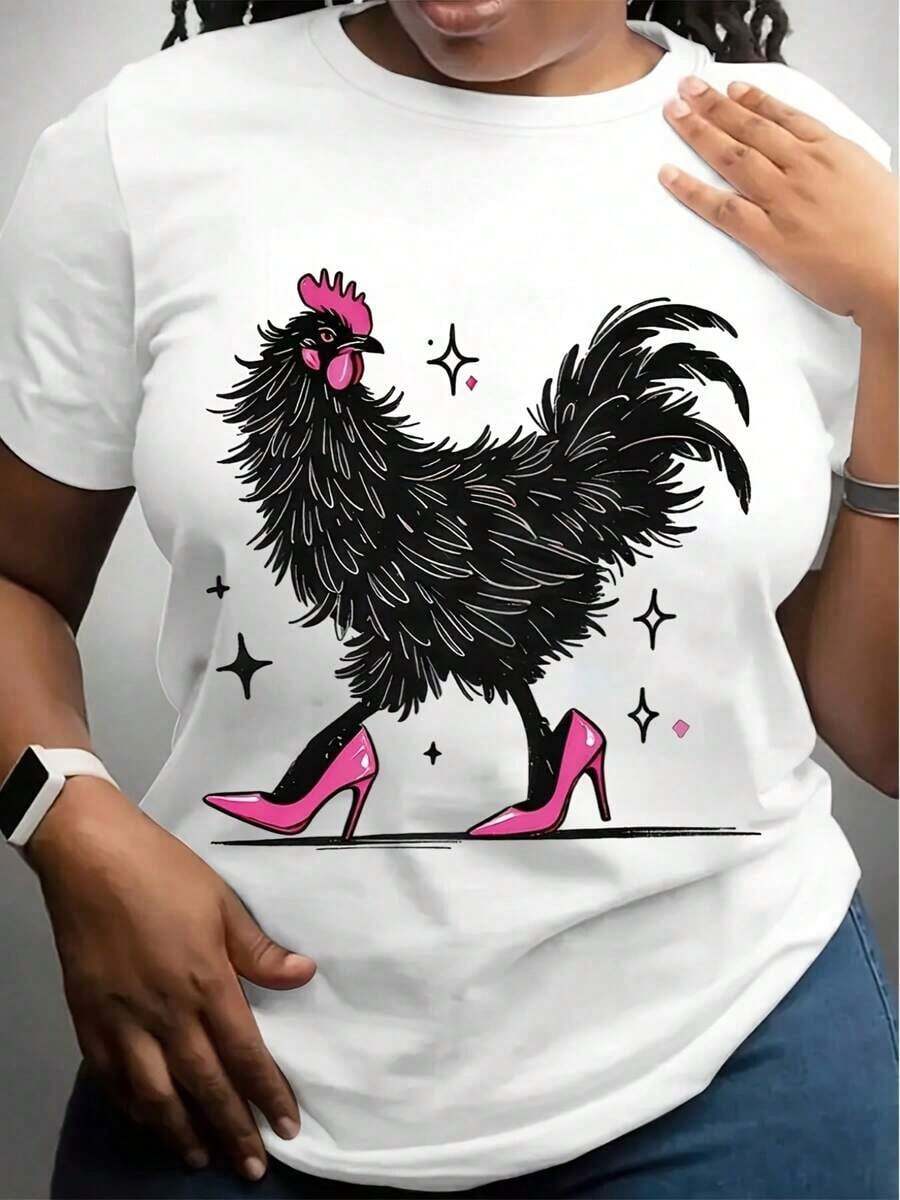[Cotton T-Shirt] Cotton Women's T-Shirt Loose Fit Short Sleeve Round Neck, Breathable Summer Casual Tee With Cartoon Rooster & Stars Print For Parties & Daily Wear - trắng - Xem 1