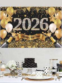 1 Stück Hintergrundfahne mit Neujahrsmotiv, schwarze und goldene Neujahrsballons aus Polyester, für 2026 Neujahrsfestdekoration Hintergrund Stoff für Zuhause, Raumdekoration, Neujahrsfestdekoration, Partydekor, Gartendekoration, Hängedekoration, 2026 Neujahrsdekoration, Partyfavors