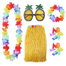 A Set Hula Outfits Hawaiian, Hawaiian Flower Skirts For Women Dress Outfits Tropical Grass Skirts Fortuning'S Costume For Beach Party Favors Halloween Cosplay,Grass Skirt Flower Accessories In Yellow, Green, And Rose Red.