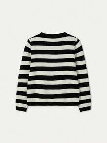 FOR BEAUTY Autumn And Winter New Cardigan, Simple And Casual Style, Round Neck Long Sleeved Black And White Stripes With Metal Buttons, Style Knitted Casual Commuting Style That Is Versatile And Fashionable. Top - 黑與白 - 查看 4
