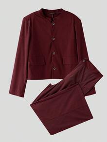 INCERUN Mens Stand Collar Buttons Long Sleeve Jacket Coat Corduroy Long Pants Zipper Bottoms Trousers Fall Casual 2PCS Sets Outfits - 酒紅 - 查看 4