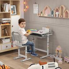HOMCOM Kids Desk And Chair Set, Height Adjustable Student Writing Desk, Children School Study Table With Tiltable Desktop, Drawer, Pen Slot, Hook - Grey - Grey - View 1