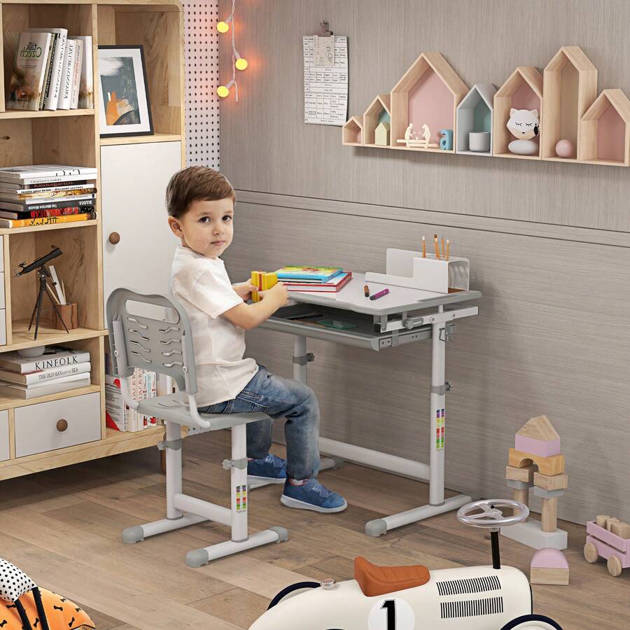 HOMCOM Kids Desk And Chair Set, Height Adjustable Student Writing Desk, Children School Study Table With Tiltable Desktop, Drawer, Pen Slot, Hook - Grey - Grey - View 1