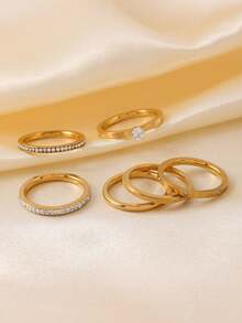 6/8件套时尚简约不锈钢镶钻抛光戒指套装，男女皆宜，适合日常佩戴、节日和约会场合，情人节礼物 - 金色 - 查看 4