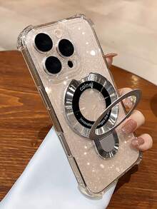 Magnetic Phone Holder Case Compatible With IPhone 16 Pro Max, 15 Pro Max, 14, 13, 12, 11, XS, XR, 8 Plus, 7 Plus, Transparent, Glitter, Airbag, Anti-Fall Design Waterproof Shockproof Scratch Resistant - Clear - View 2