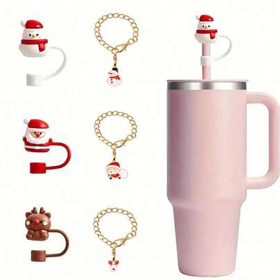 2pcs/Set 10mm Christmas Themed Silicone Straw Toppers, Cute Cartoon Water Bottle Decor Charms, Fit For 30&40oz Tumblers, Drinkware Accessories, Christmas & New Year Gifts