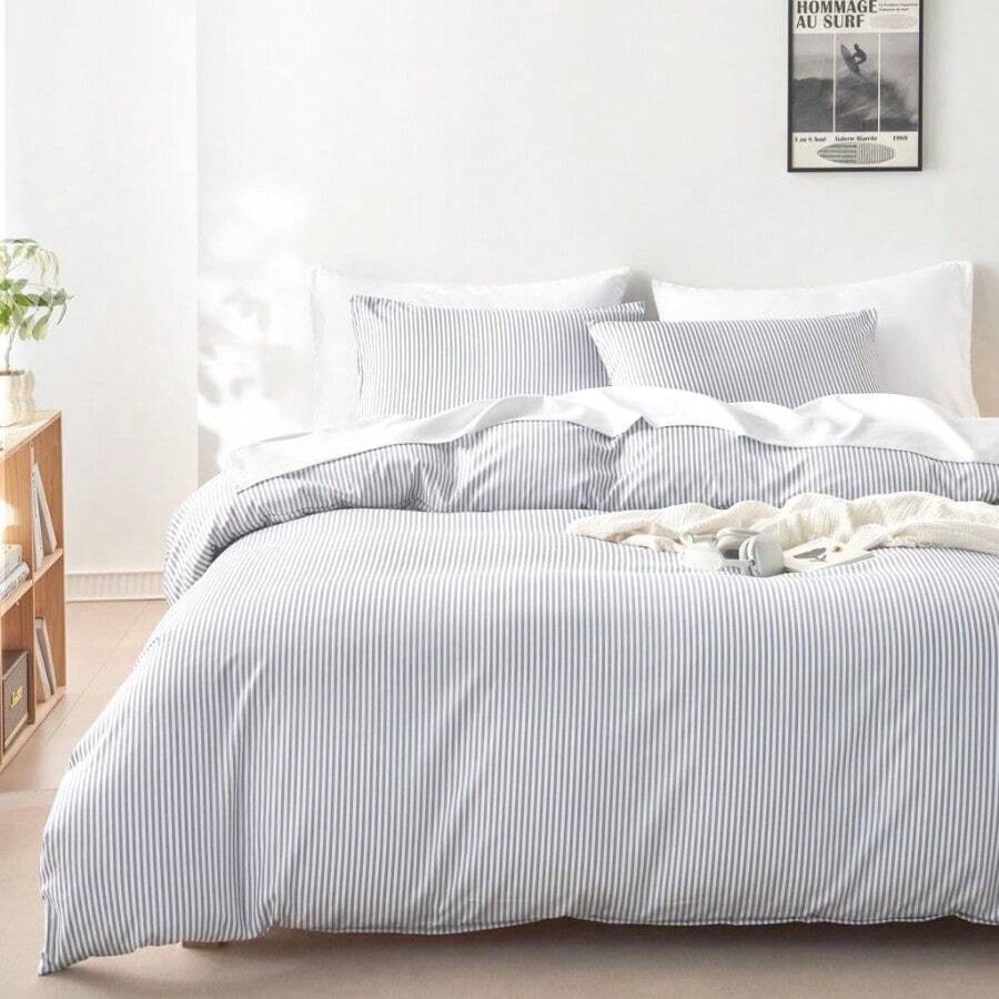 Striped Comforter Set Ticking Stripe Vertical Pinstripe Neutral Farmhouse Pattern Printed Soft Lightweight Bedding 3 Pieces Gray Queen Size - Xám - Xem 1