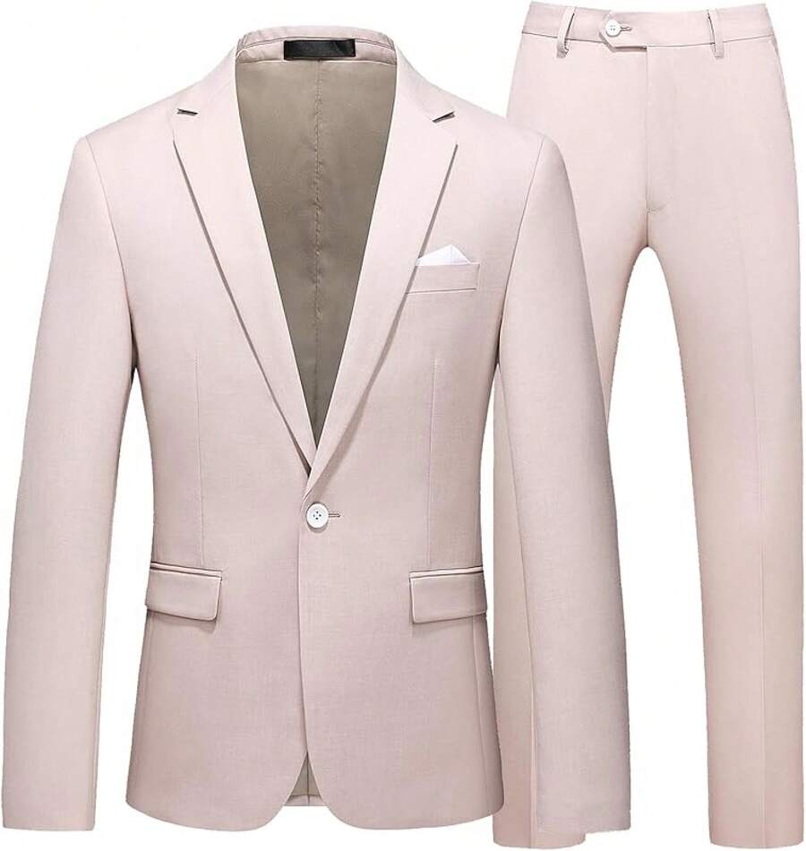 Mens Suit Slim Fit 1 Button 2 Piece Wedding Party Holiday Solid Color Tux Suits For Menhalloween - Cream - View 1