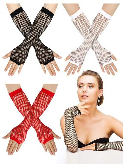 1Pair D EXCEED Fishnet Gloves Fingerless, Long Rhinestone Fish Net Arm Sleeve Sparkly Glitter Fashion Neon Fingerless Fishnet Gloves Emo Goth Punk 80s Party Cosplay Costume Accessories