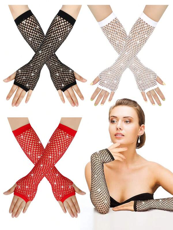 1 Pair D EXCEED Long Fingerless Rhinestone Fishnet Gloves, Shiny Sequin Neon Fingerless Fishnet Gloves, Suitable For Emo Goth Punk 80s Party Costume Accessories