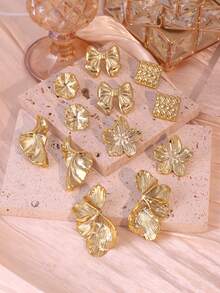 6/12pcs Fashion New ABS Plastic 5-Petal Flower, Bowknot, Multi-Shape Earring & Stud Set, Suitable For Women Daily Wear - Gold - View 9