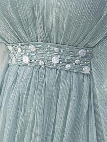 Fashion Light Green Dress: V-Neck And Waist Delicate Pearl Decor, Flowing Butterfly Sleeve Shiny Fabric Making Elegant Style