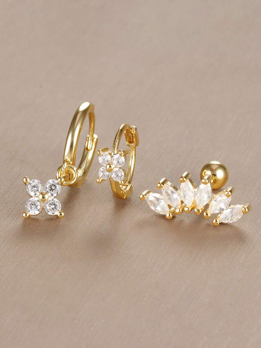 3PCS Stainless Steel Zirconia Flower Earring Set For Women, 18K Gold Plated Hypoallergenic Tragus Helix Hoops Ear Stud Cartilage Piercing Jewelry For Daily Ware - Gold-12 - View 1