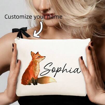 1pc Customized Watercolor Fox Canvas Cosmetic Bag - Personalized Lightweight Travel Toiletry Pouch, Suitable For Women, Zipper Makeup Organizer, Ideal Gift For Animal & Fox Lovers, Black With Vibrant Fox Design, Travel Makeup Bag | Unique Gift | Secure Zipper Closure, Travel Cosmetic Pouch