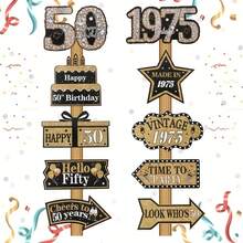10pcs 50th Birthday Party Supplies - Elegant Black And Golden Flashing Paper Signs, Vintage-Inspired Decorations For Adult Celebrations, Includes "Happy 50th Birthday" And "Cheers To 50 Years" Designs, Celebration Signs|Decorative Party Signs|Glitter Embellishments, Birthday Party Decorations