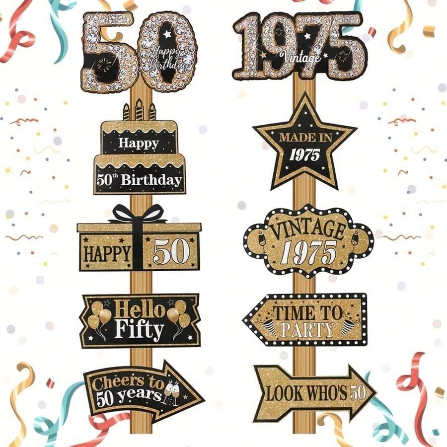 10pcs 50th Birthday Party Supplies - Elegant Black And Golden Flashing Paper Signs, Vintage-Inspired Decorations For Adult Celebrations, Includes "Happy 50th Birthday" And "Cheers To 50 Years" Designs, Celebration Signs|Decorative Party Signs|Glitter Embellishments, Birthday Party Decorations
