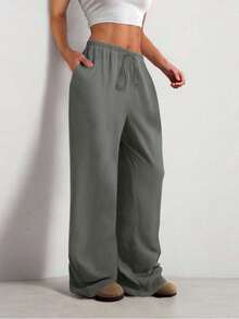 Women's Trousers Drawstring Elastic Waist Soild Color Loose Wide Leg Pants With Pockets - Light Grey - View 3