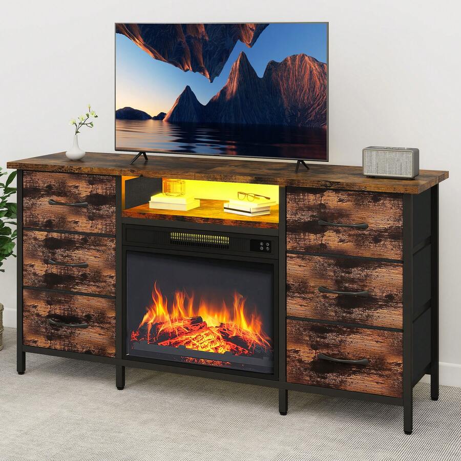 BALCONERA Electric Fireplace Insert TV Stand With 6-Drawer Storage - 55 Inch TV Entertainment Center Console Cabinet, Fireplace Heater With LED Lights, Overheat Protection & Remote Control - one-size - View 1
