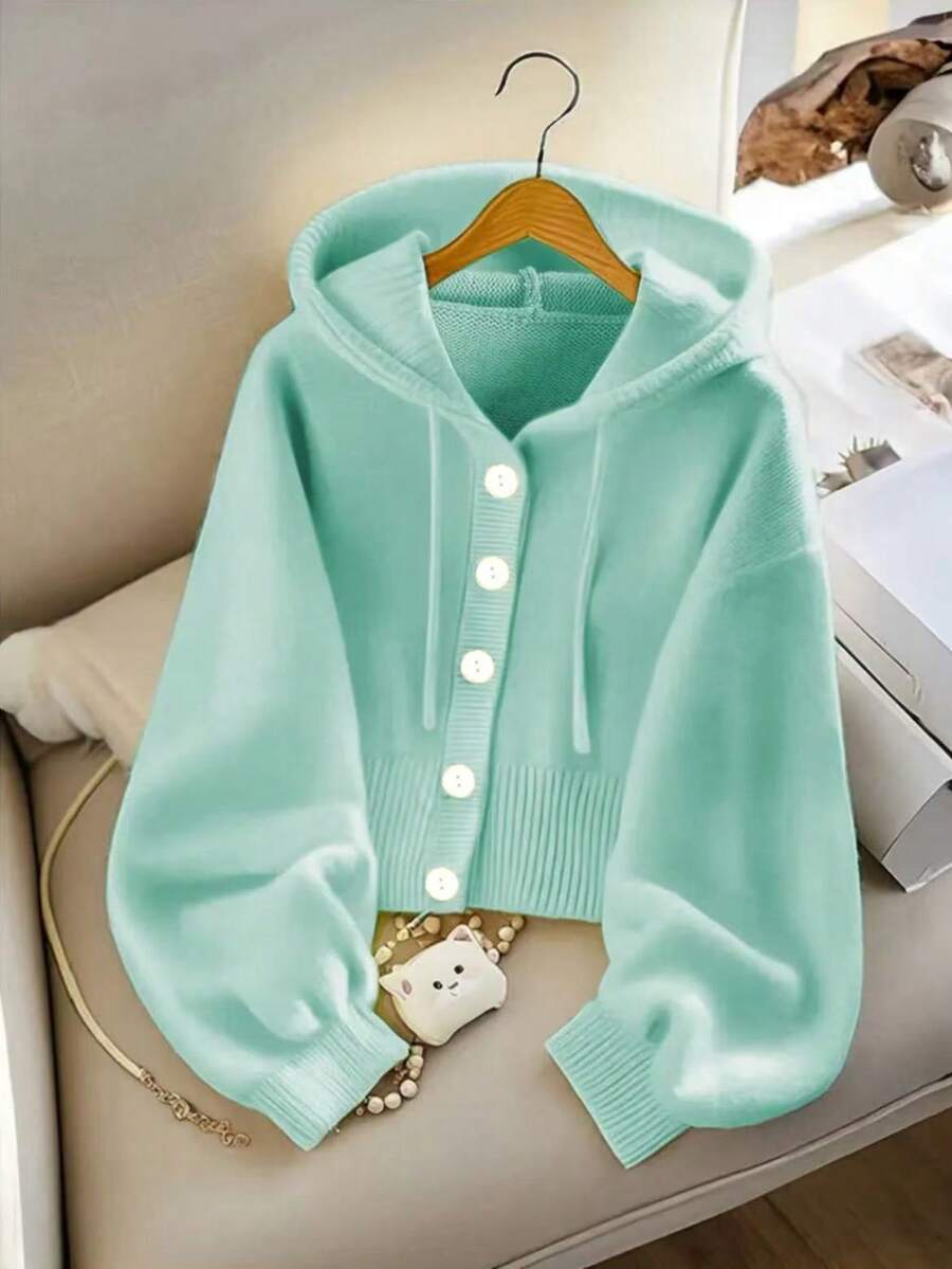 Women's Solid Color Drop Shoulder Casual Front Button Long Sleeve Hooded Cardigan - Green - View 1