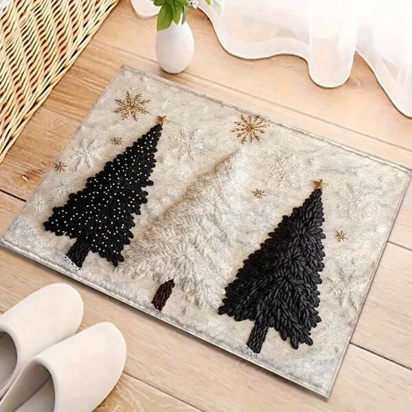 1pc Christmas Tree And Snowflakes Pattern Design Microfiber Bath Rug, Non-Skid And Super Soft Bathroom Floor Rugs, Doormat, Bathroom Water Absorption Mat, Machine Washable, Low Pile, TPR Backing, Knit Fabric, ForBathroom, Bedroom, Kitchen, Entryway, Indoor & Outdoor Use, Bathroom Accessories & Decor, Perfect New Home Gift, Christmas Decoration, Holiday Party Decoration Kitchen Rug